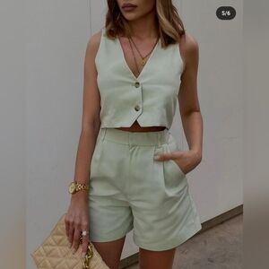 Zara Linen Blend Vest Short Set - Light Green